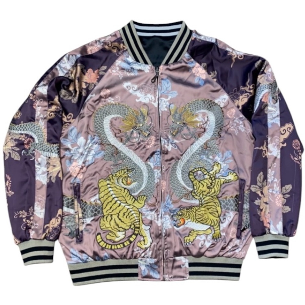ZARA STADIUM JACKET ALL OVER PATTERN EMBROIDERY TIGER AND DRAGON Mens Large (K)